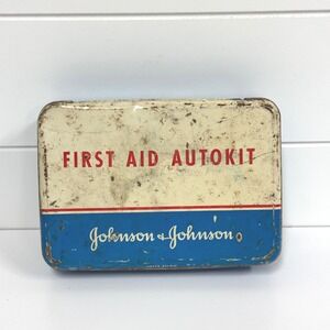 Vintage Johnson & Johnson First Aid Autokit Metal Tin Blue Cream Medical Box